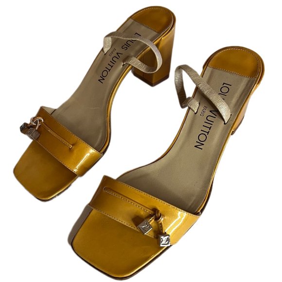 Louis Vuitton Gold Block Heel Sandals Metal LV Logo Charms Size 36.65 (US 6) - Picture 2 of 16